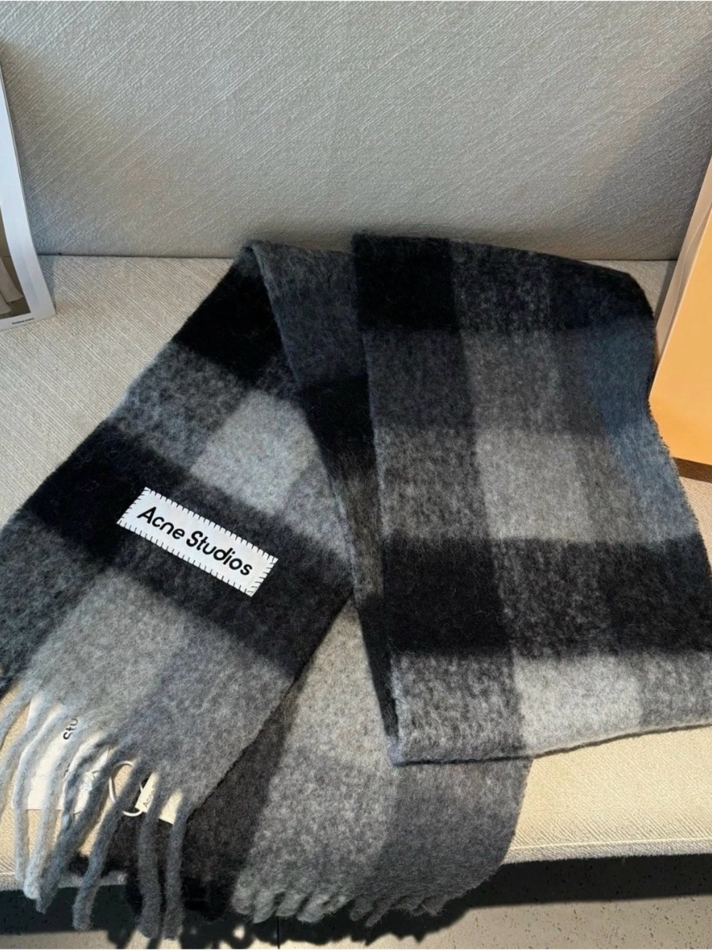 Acne Gray & Black Check Wool-Blend Scarf